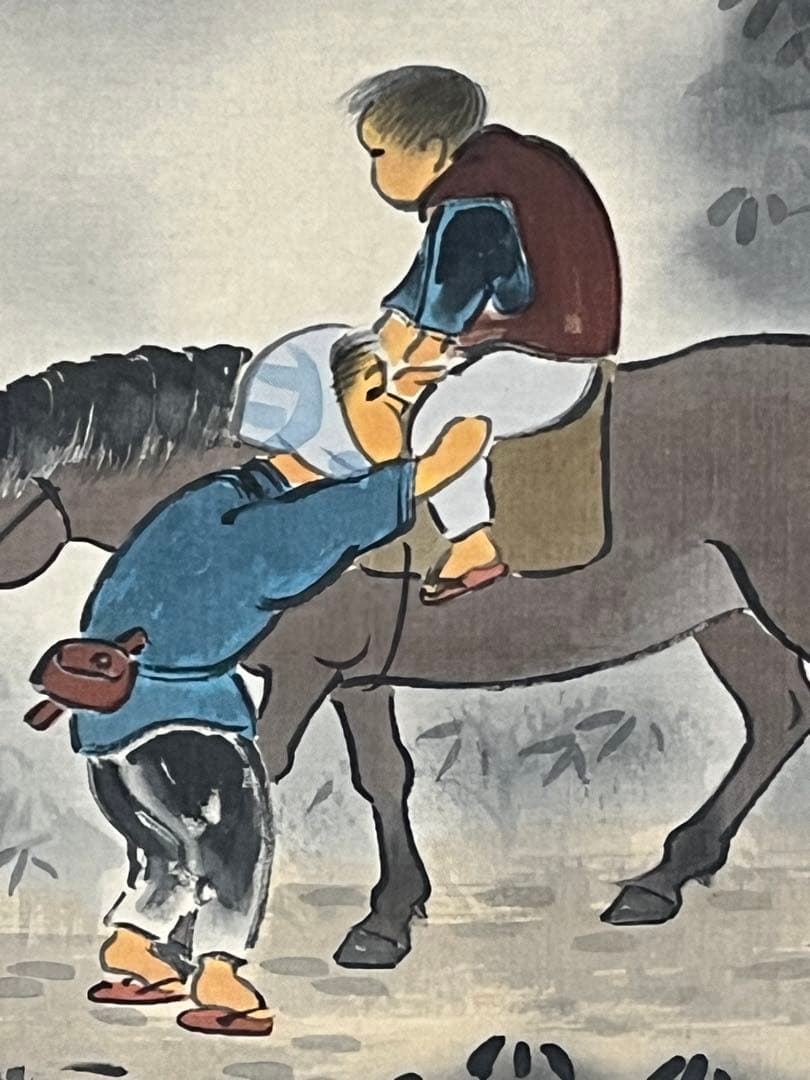 掛け軸 石田蛍雪 俳画 「馬子唄の・・」彩色山水 絹本 希少 軸装 茶道具 美品