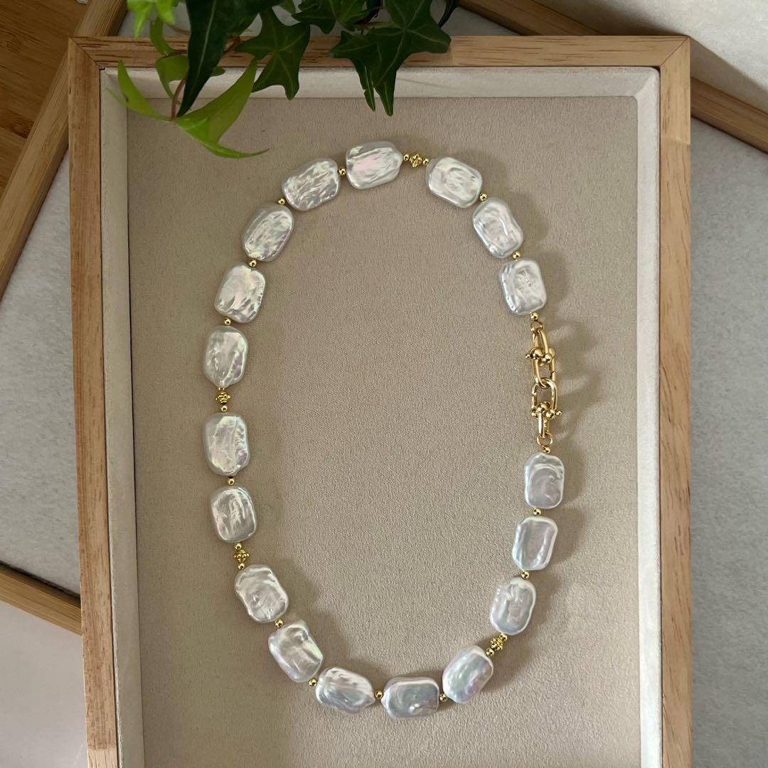 スクエアバロックパールネックレス　スクエアパールネックレス　一連パールネックレス