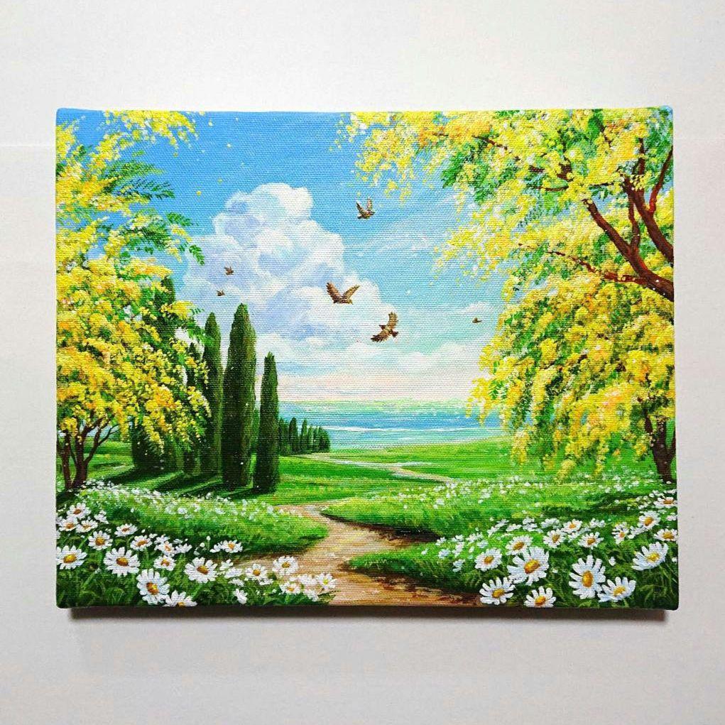 【ミモザの春】アクリル画 F3 風景画 絵画