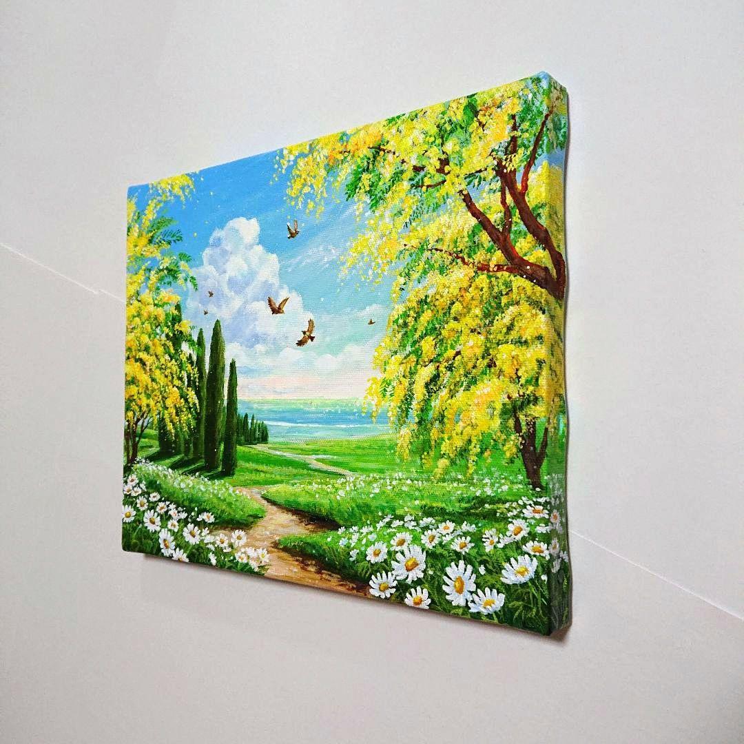 【ミモザの春】アクリル画 F3 風景画 絵画