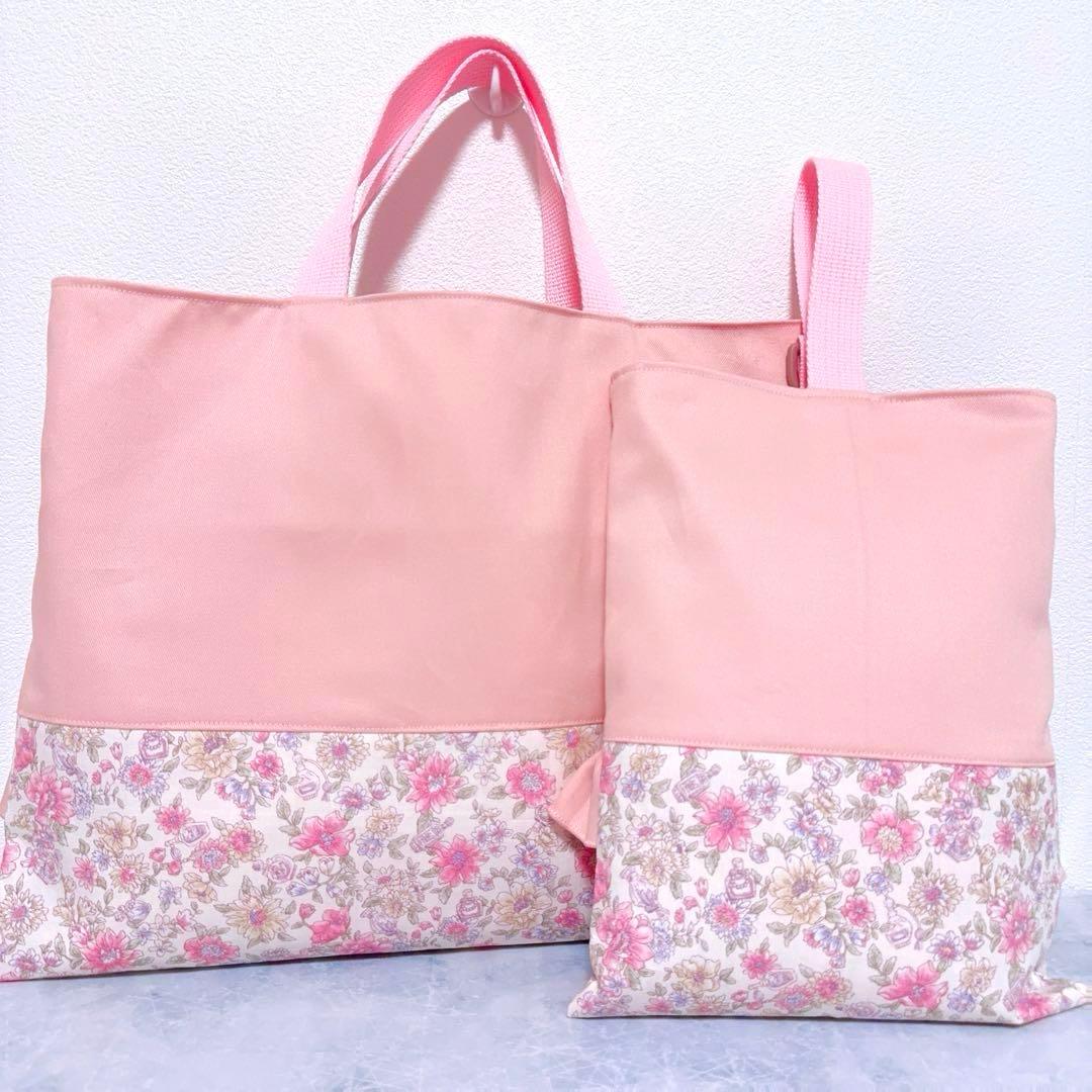 レッスンバッグ　上履き入れ リボン　刺繍　ハンドメイド　女の子　ピンク　フリル