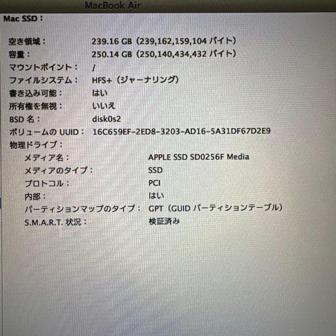 MacBook本体 MacBook Air 6,2 13-inch, SSD 256GB