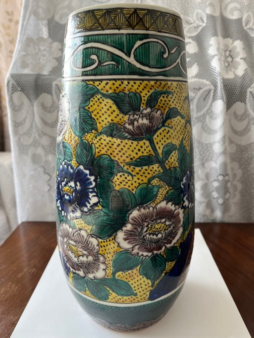 九谷焼　花瓶　手描き　骨董　角福　牡丹　花模様　美品