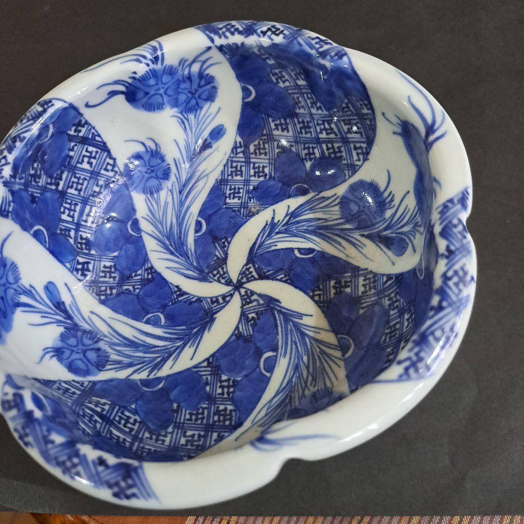 江戸中期　島津献上品　極上　肥前官調蔵製品　輪花　向付鉢　矢車草　染付青磁