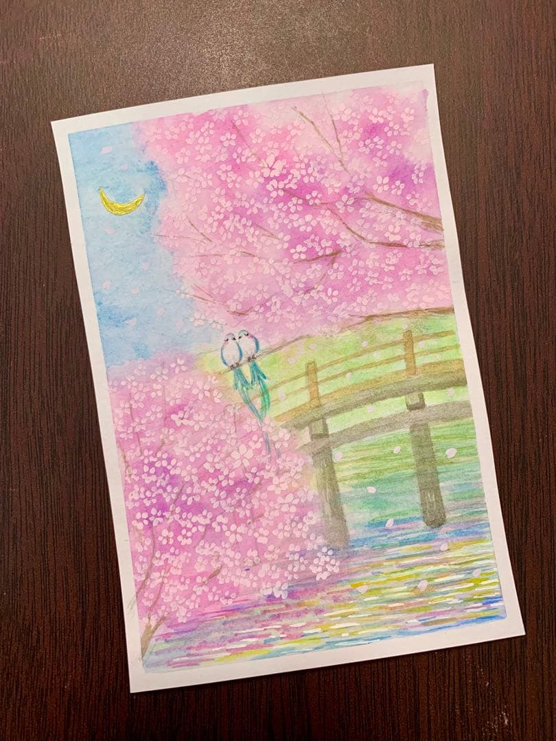 みみ水彩画　満開の桜と太鼓橋　値段は※900円です