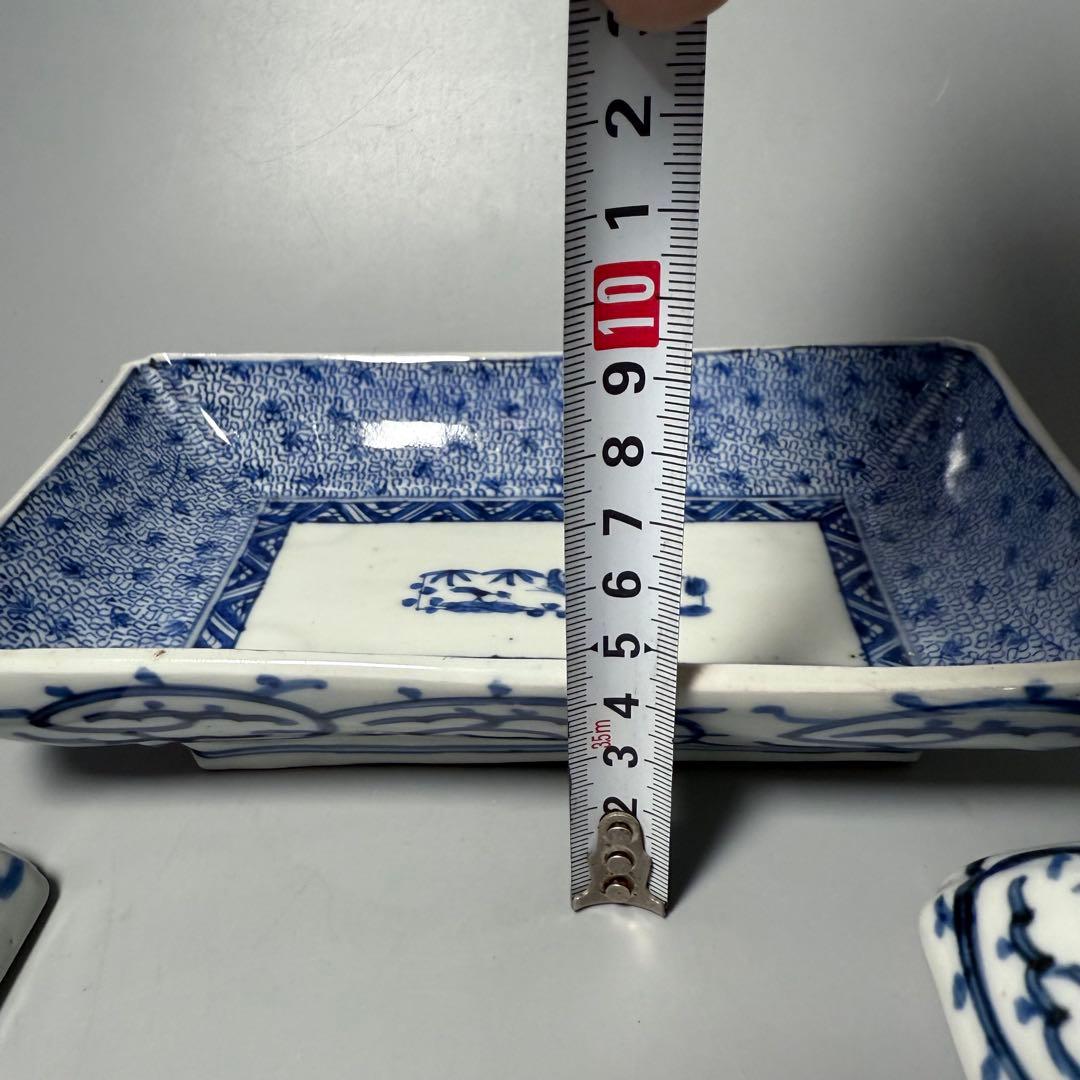 古伊万里　染付　微塵唐草　長皿　五枚　裏唐草文　名品　古美術　1700年代