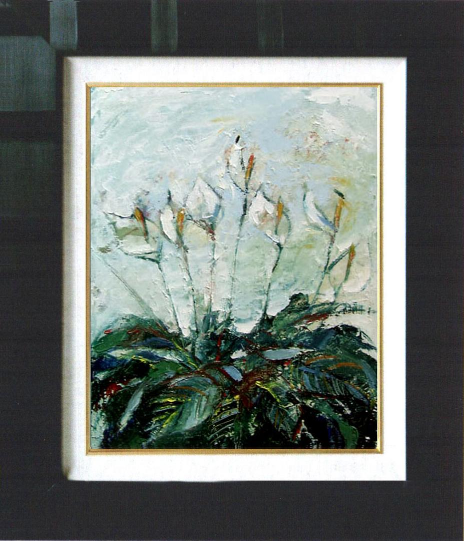 油絵 菅家令子 絵 絵画インテリア 額付(青緑＋金色の枠)uF6-111802花