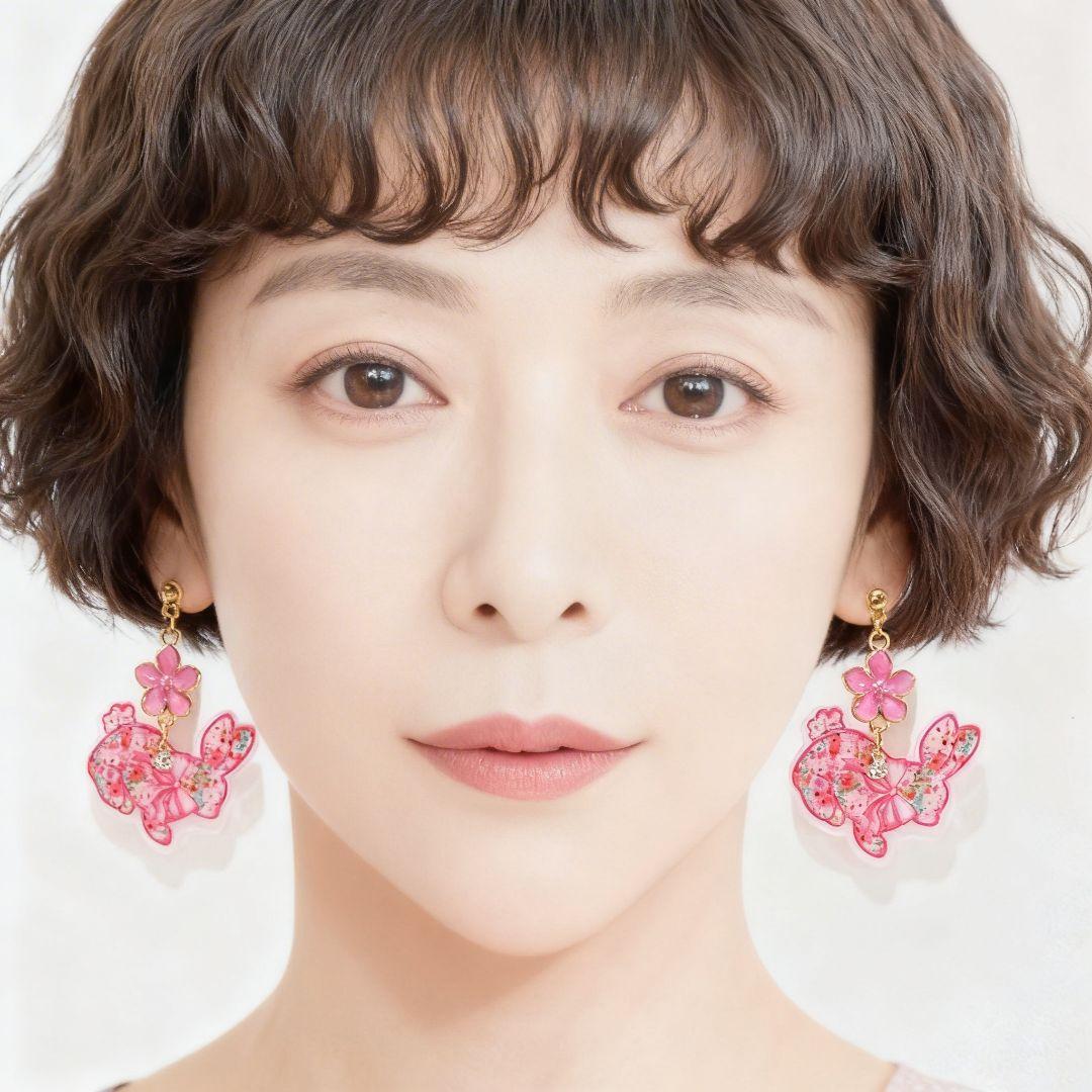 再販❣️春のフラワーラビット大ぶりピアス♡ピンク 桜❀