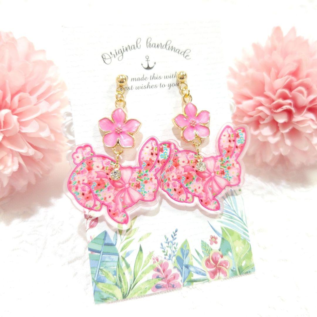 再販❣️春のフラワーラビット大ぶりピアス♡ピンク 桜❀