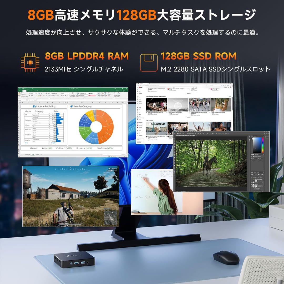 【ミニpc Intel N4000搭載 高コスパ】DDR4 8GB+128GB