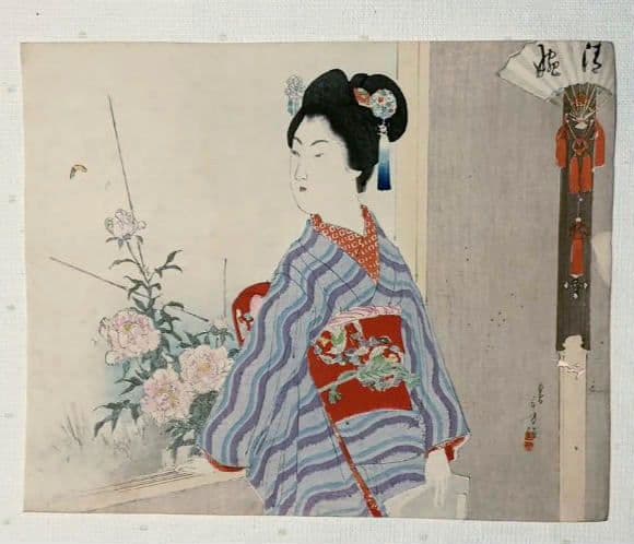 小説の口絵版画水野年方3枚、梶田半古1枚、富岡永洗1枚の5枚売り明治期閉じ穴あり