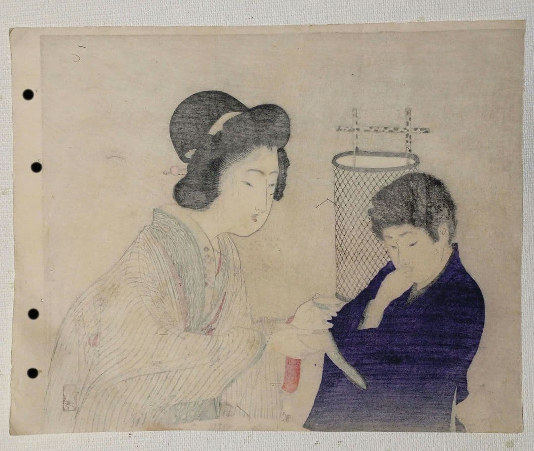 小説の口絵版画水野年方3枚、梶田半古1枚、富岡永洗1枚の5枚売り明治期閉じ穴あり