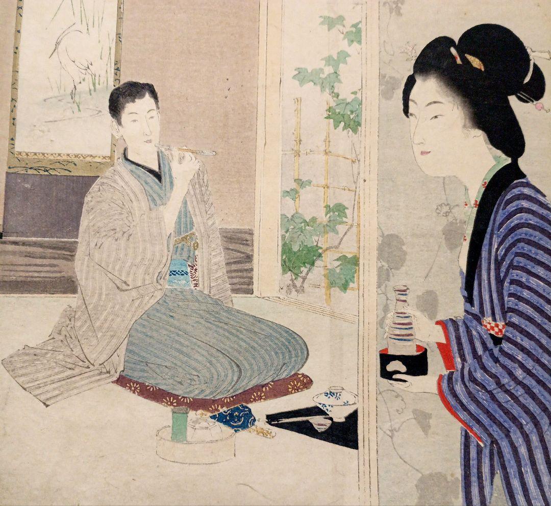 小説の口絵版画水野年方3枚、梶田半古1枚、富岡永洗1枚の5枚売り明治期閉じ穴あり