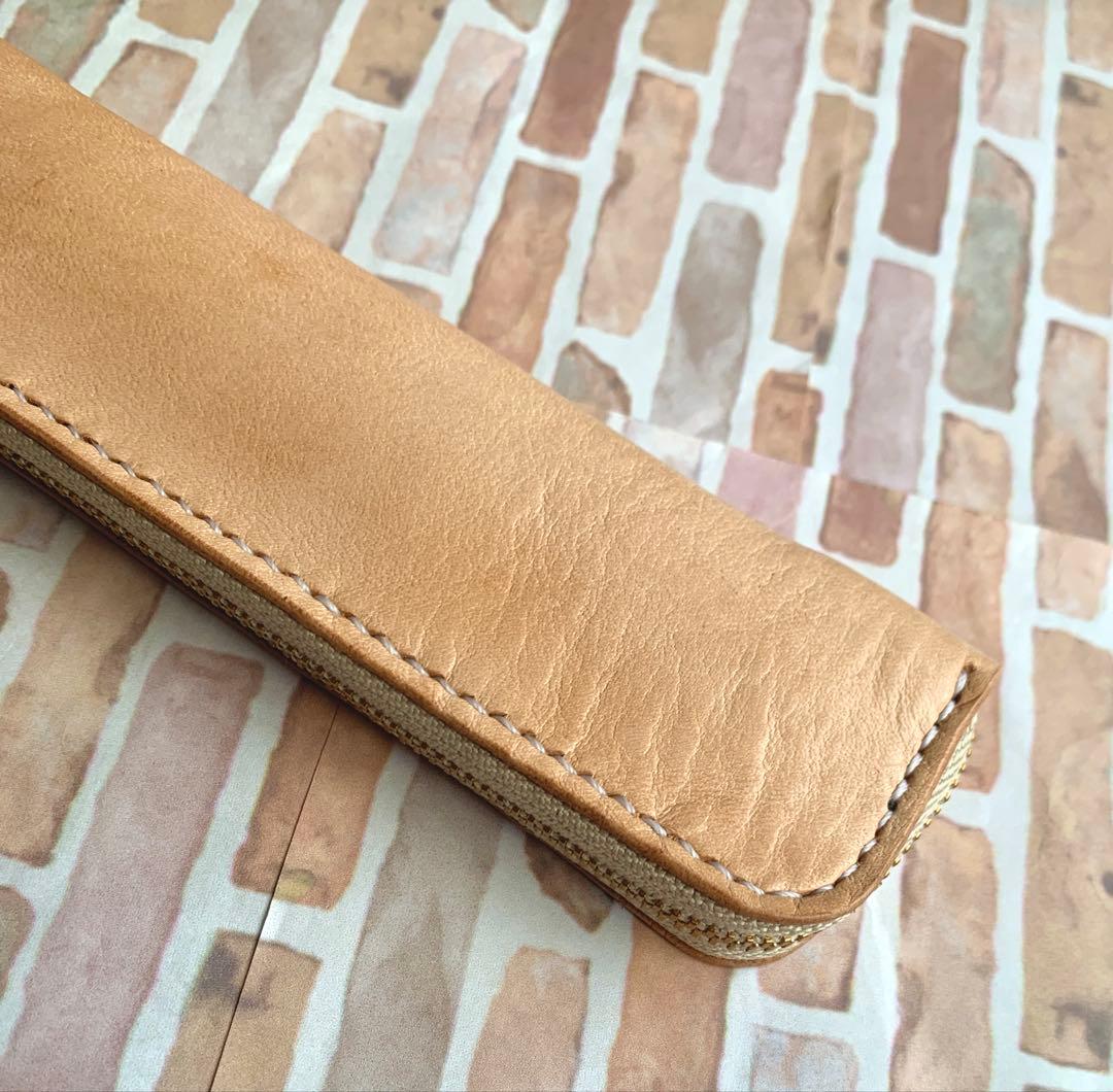 本革 姫路レザー 2本挿しラウンドファスナーペンケース スリム 手縫い 訳あり品