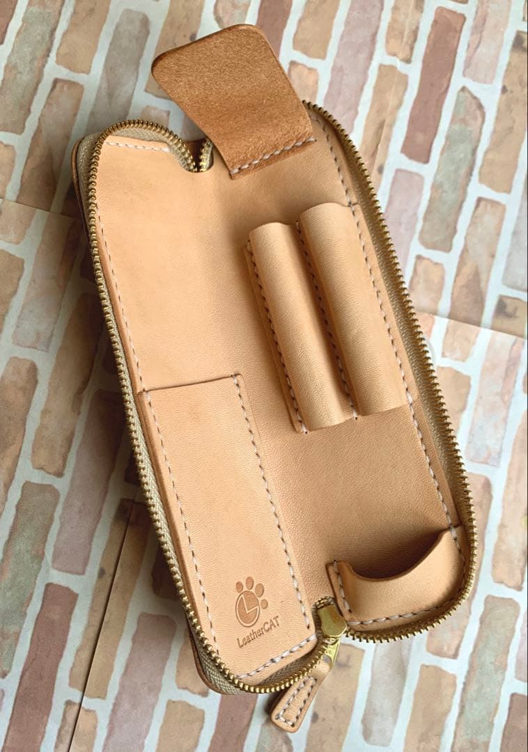本革 姫路レザー 2本挿しラウンドファスナーペンケース スリム 手縫い 訳あり品