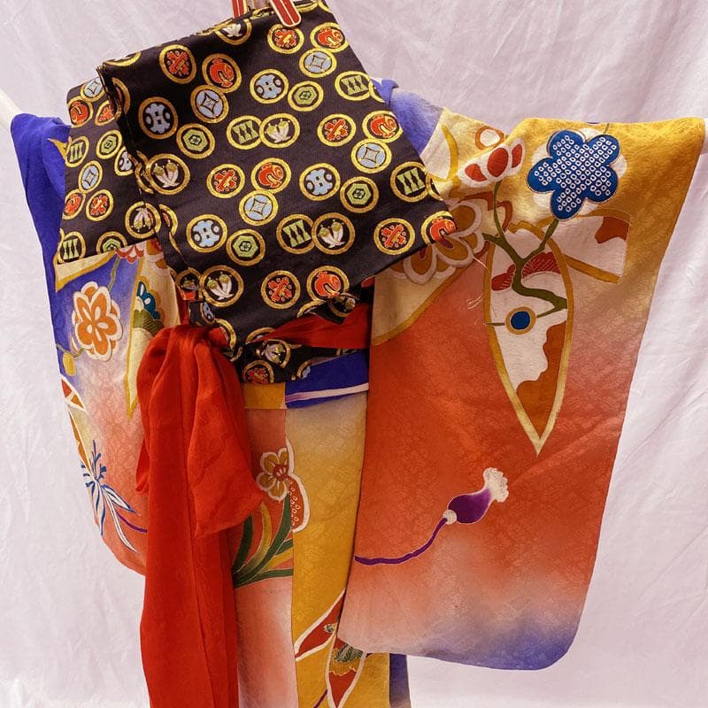 508ag51◎七五三 七歳 女児 アンティーク着物&開き帯&長襦袢 瑠璃色◎