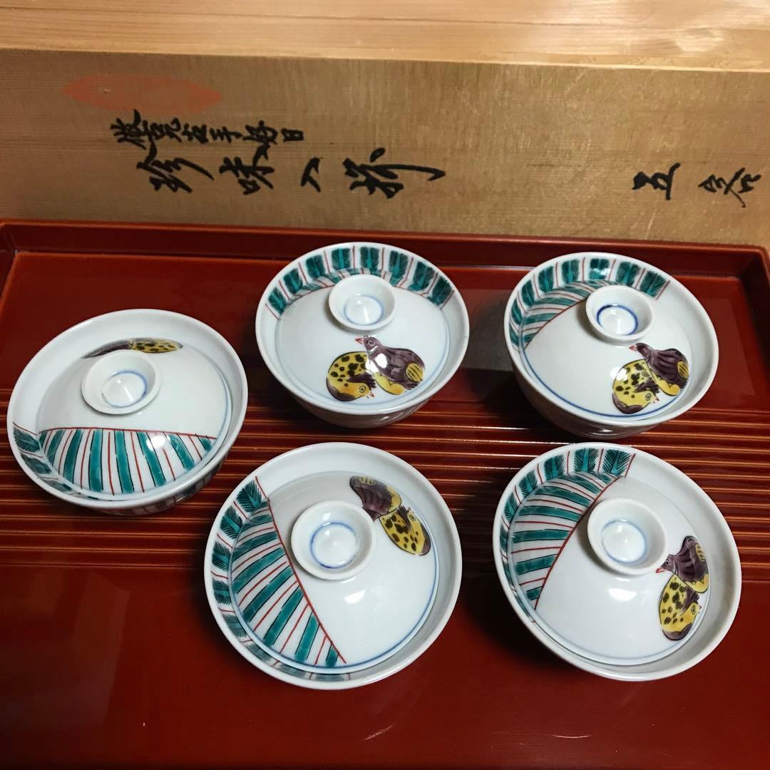 九谷焼 珍味入揃 5客 鶉文様 共箱