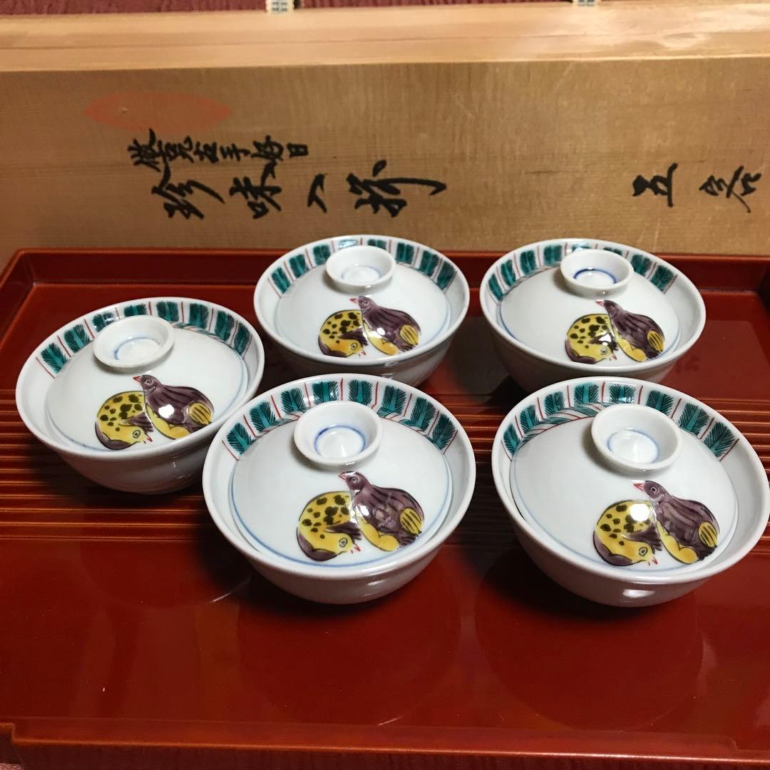 九谷焼 珍味入揃 5客 鶉文様 共箱