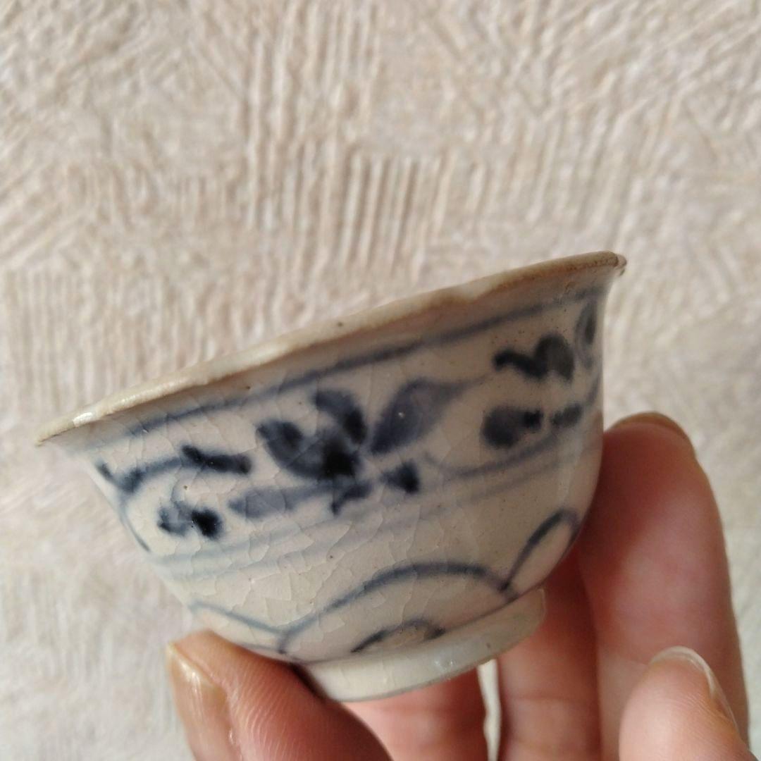 《期間限定セール！2/28まで！》新渡古安南染付輪花福文茶碗東南アジア中国古玩
