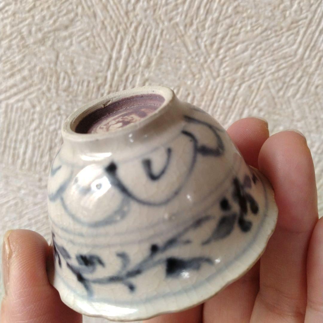 《期間限定セール！2/28まで！》新渡古安南染付輪花福文茶碗東南アジア中国古玩