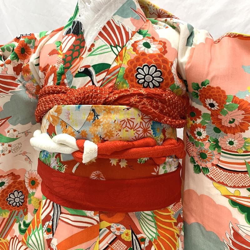 601ag6□七五三 三歳 セミアンティーク女児 着物&帯 鶴 白□美品