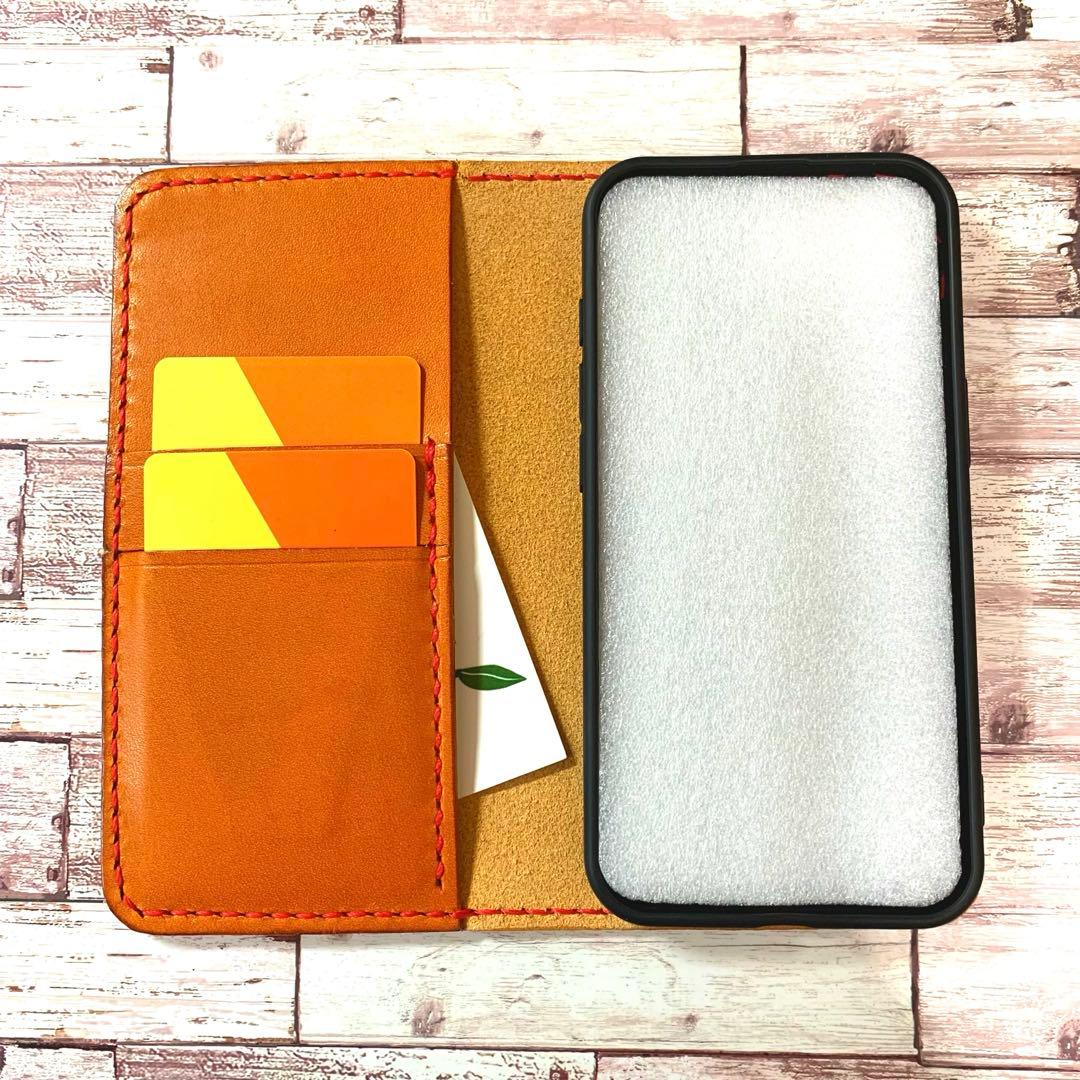 本革　iPhoneケース　スマホケース　キャメル　手帳型　2枚ポケット