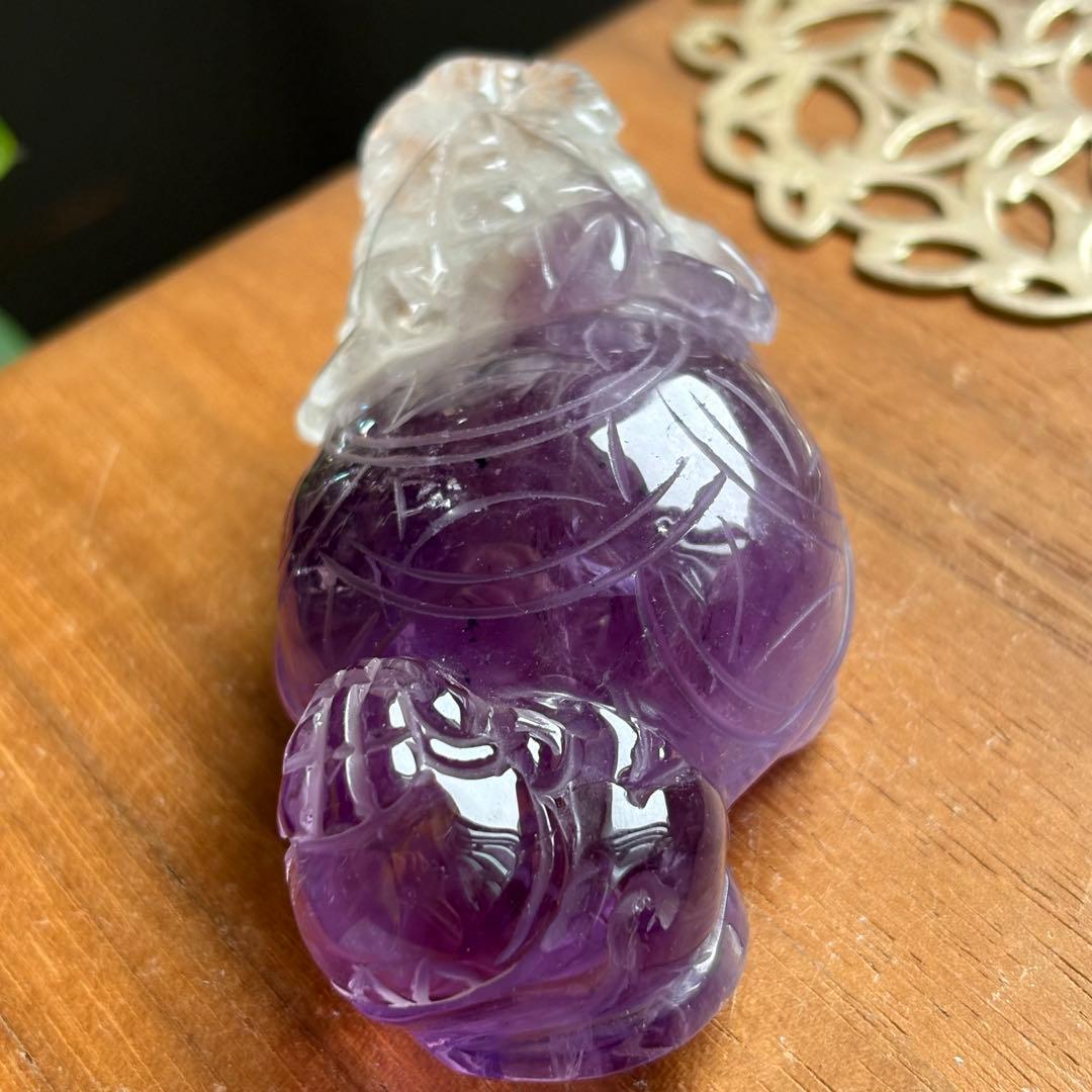 高品質 アメジスト 手彫りの龍亀（ロングイ）置物129g