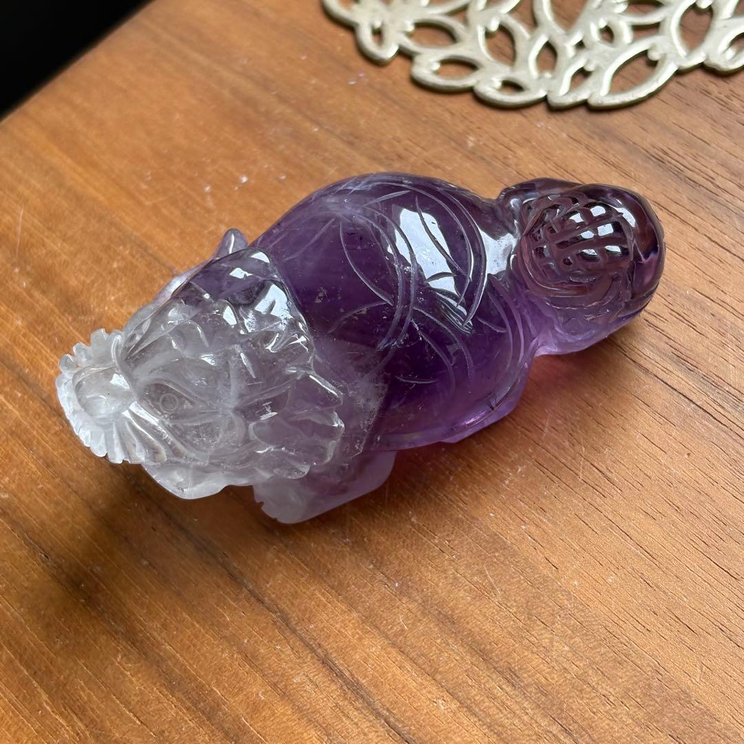 高品質 アメジスト 手彫りの龍亀（ロングイ）置物129g