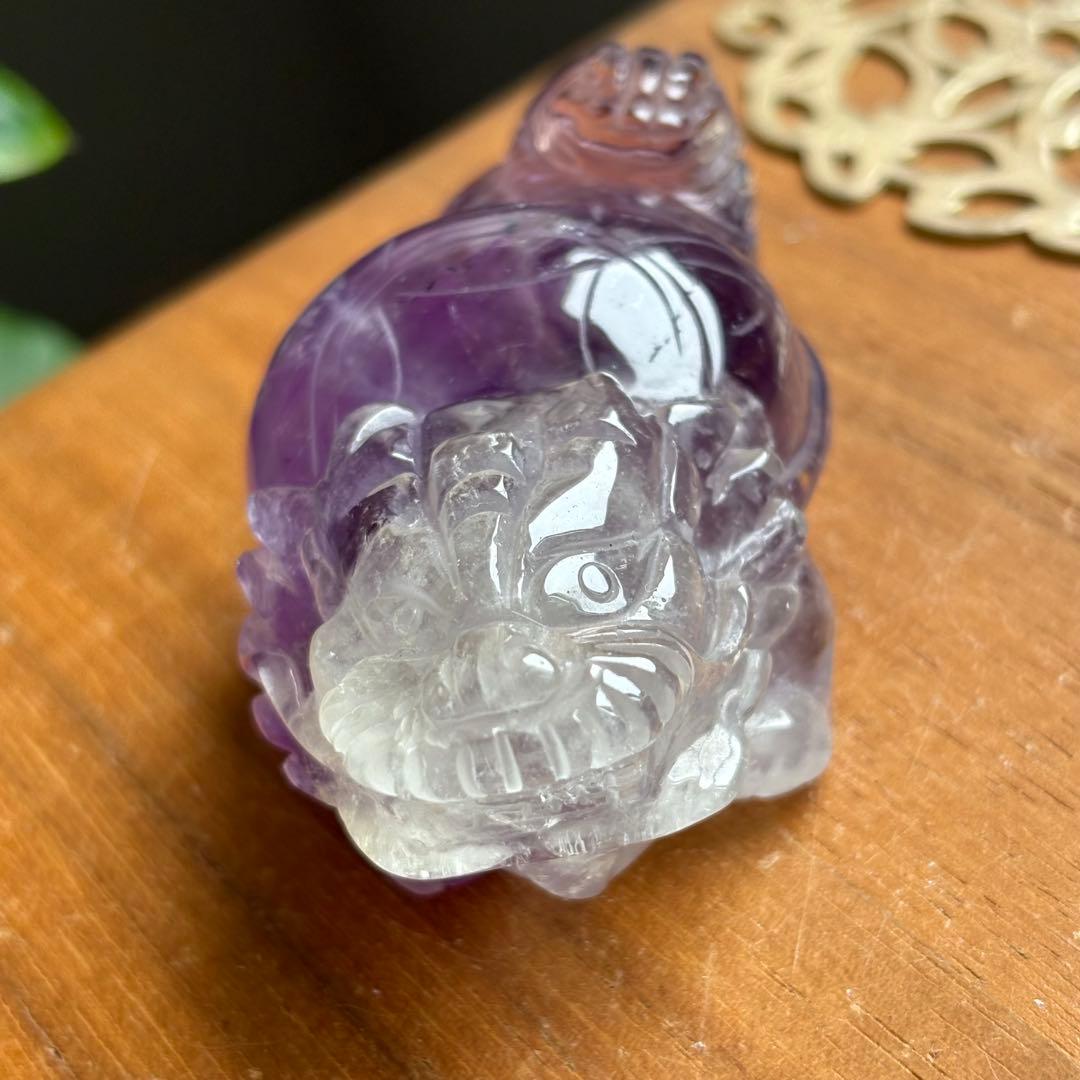 高品質 アメジスト 手彫りの龍亀（ロングイ）置物129g