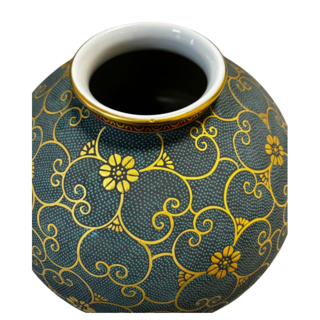 九谷焼　秀山　花瓶１点　青粒唐草　 インテリア