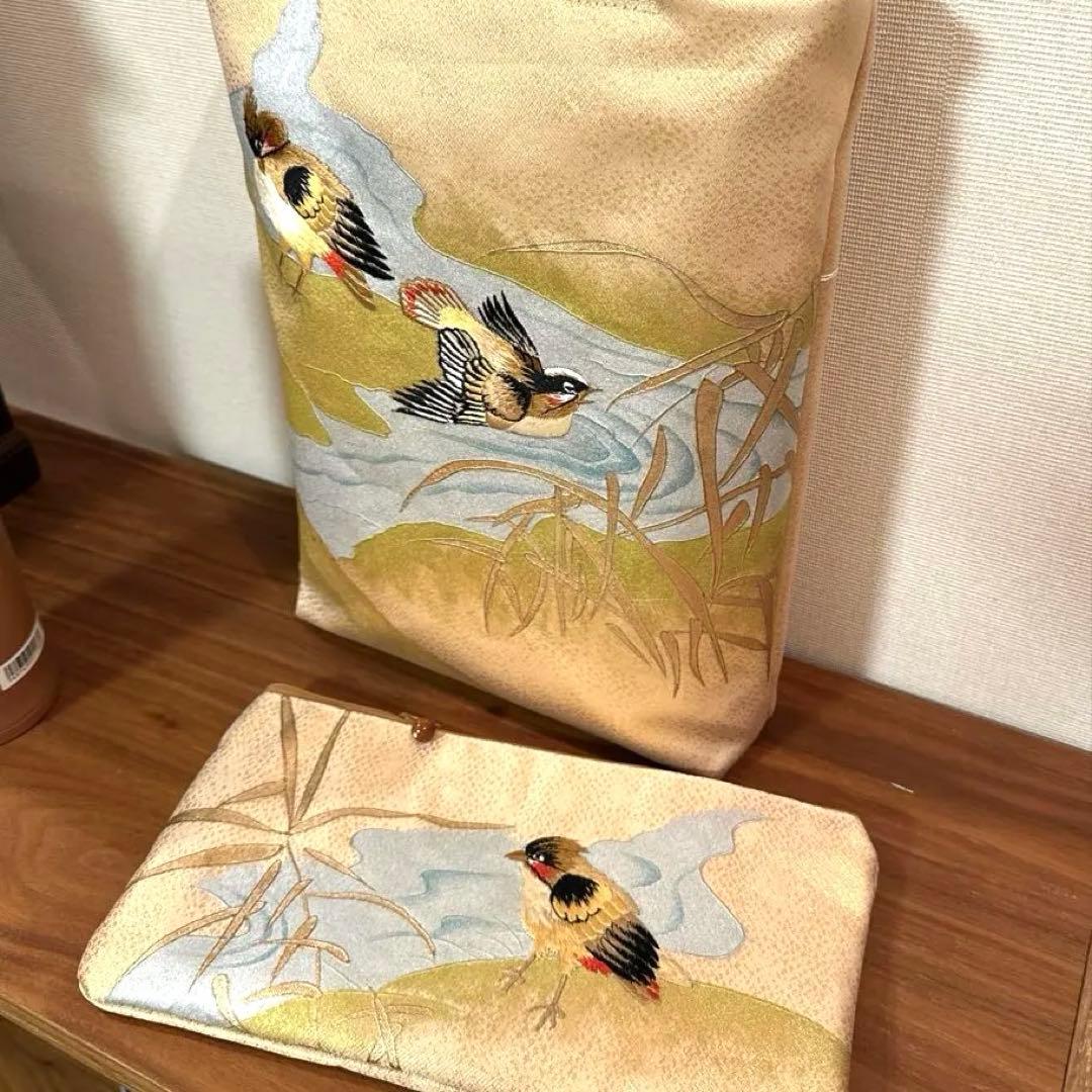 帯リメイク　刺繍　小鳥　和装バッグ