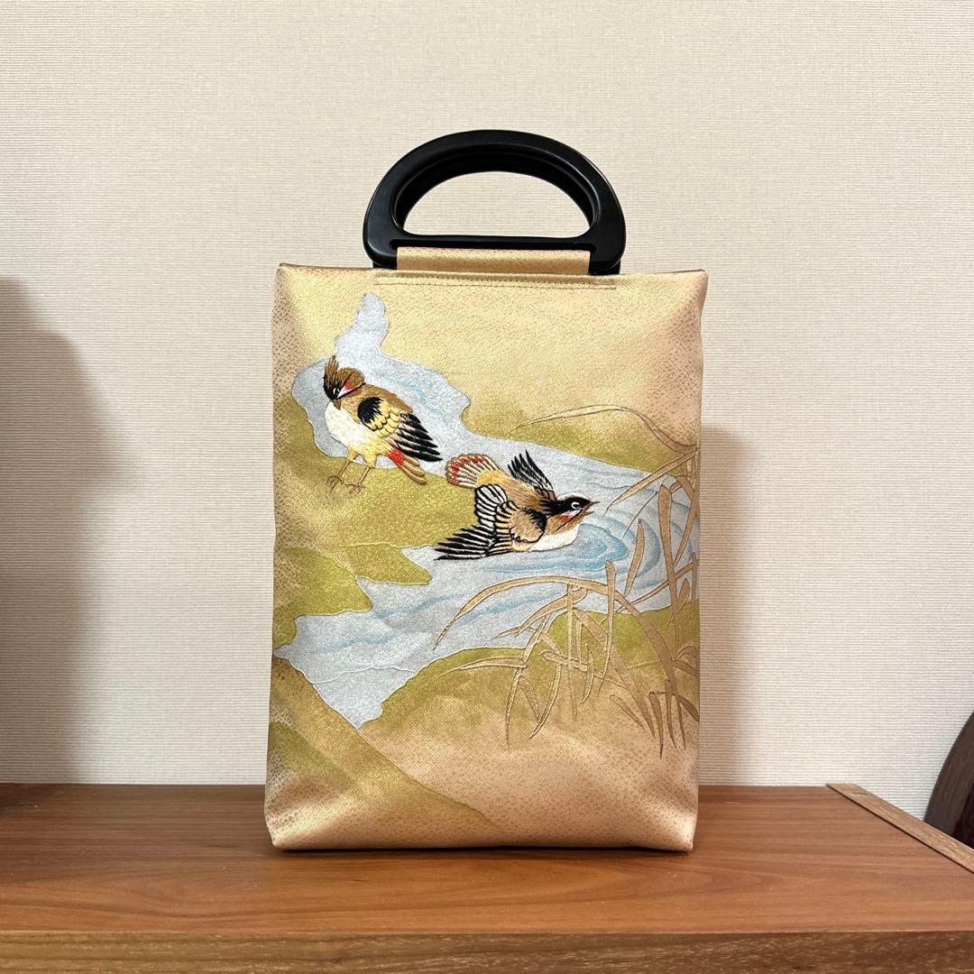 帯リメイク　刺繍　小鳥　和装バッグ