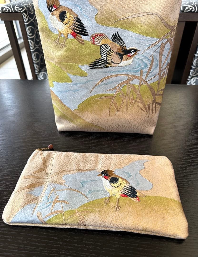 帯リメイク　刺繍　小鳥　和装バッグ