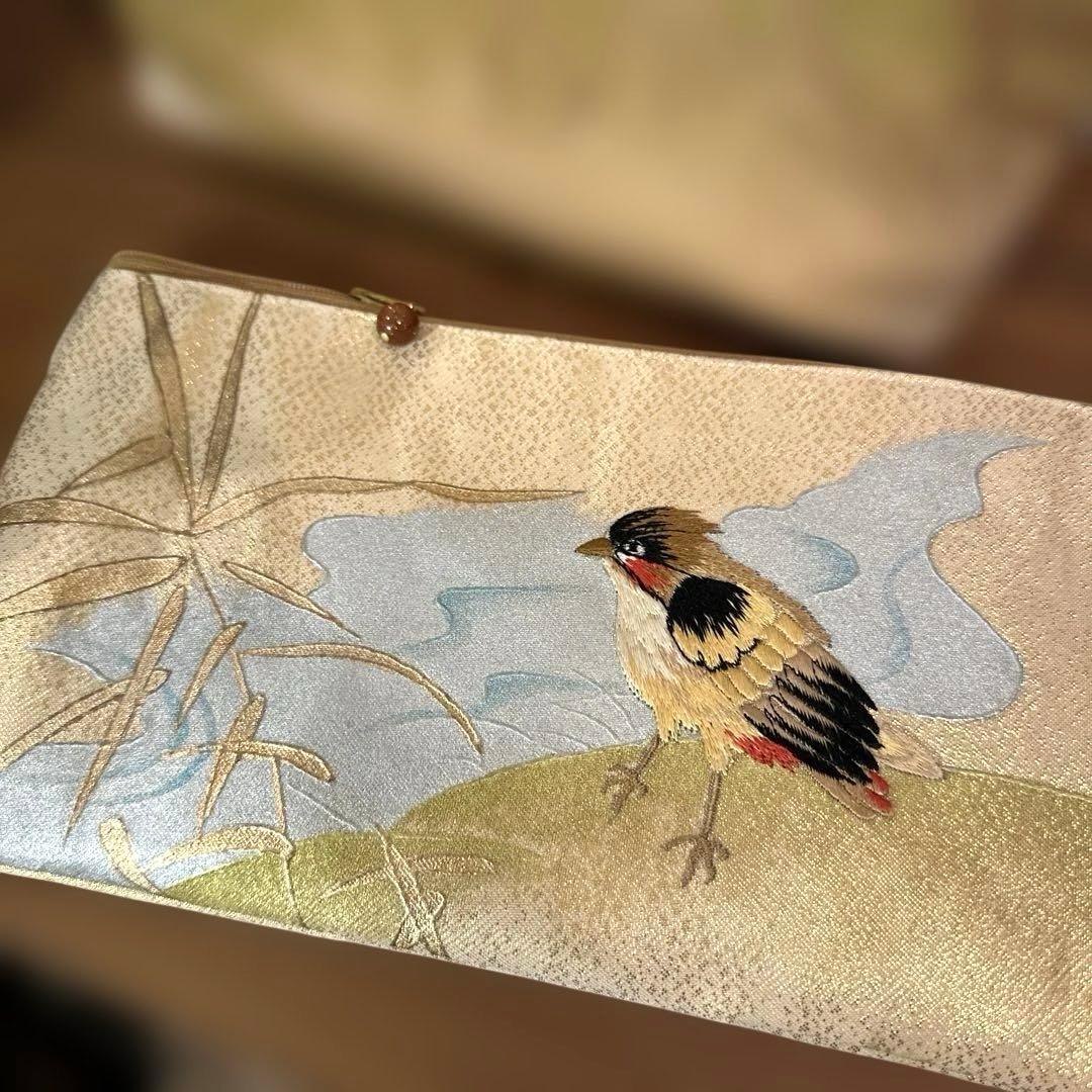 帯リメイク　刺繍　小鳥　和装バッグ