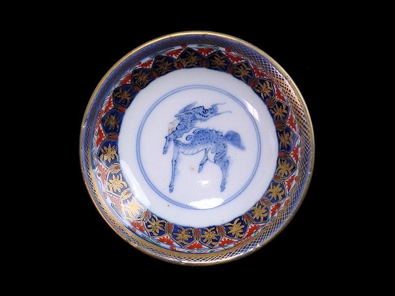 古伊万里　金襴手　瓔珞紋に龍の図　大振蓋茶碗　文政6年　D821AS-CIt