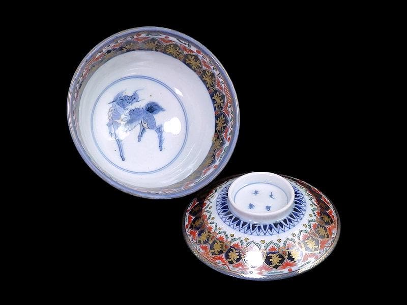 古伊万里　金襴手　瓔珞紋に龍の図　大振蓋茶碗　文政6年　D821AS-CIt