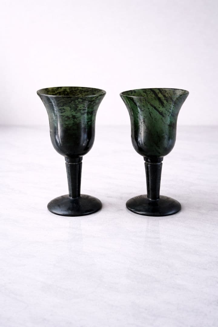 ●中国 夜光杯 天然石 玉杯 2客セット 酒器 夜光盃 石製 工芸品（大）