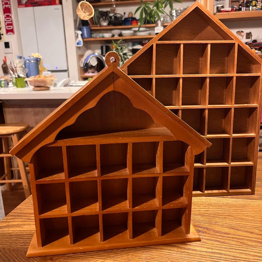 木製 お家型コレクションディスプレイシェルフインテリア　大小2個セット棚