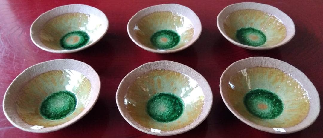 越前焼名工　桝田屋光生　 自然灰釉窯変のビードロ模様美が迸る向付け小鉢　5点セト