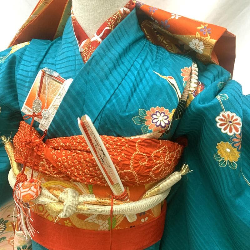 603ag1■七五三 七歳 女児 着物&袋帯&長襦袢 トール 金彩 青緑■美品