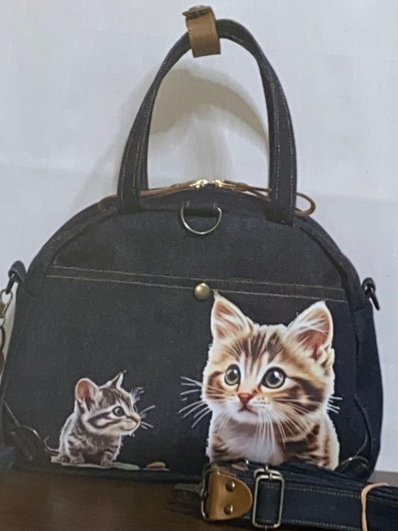 お値下げ☆岡山デニム☆トラ猫☆ステンシル☆Sサイズ4wayボストンバッグ