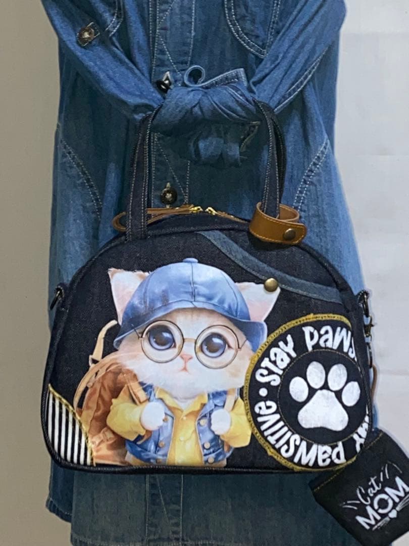 お値下げ☆岡山デニム☆トラ猫☆ステンシル☆Sサイズ4wayボストンバッグ