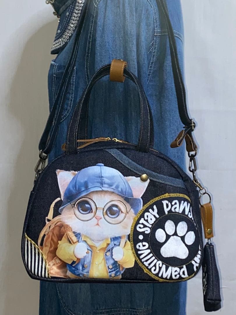 お値下げ☆岡山デニム☆トラ猫☆ステンシル☆Sサイズ4wayボストンバッグ