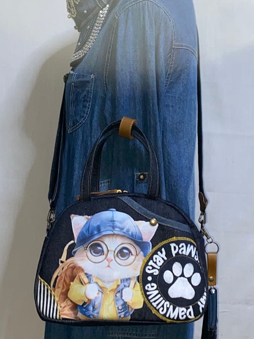 お値下げ☆岡山デニム☆トラ猫☆ステンシル☆Sサイズ4wayボストンバッグ