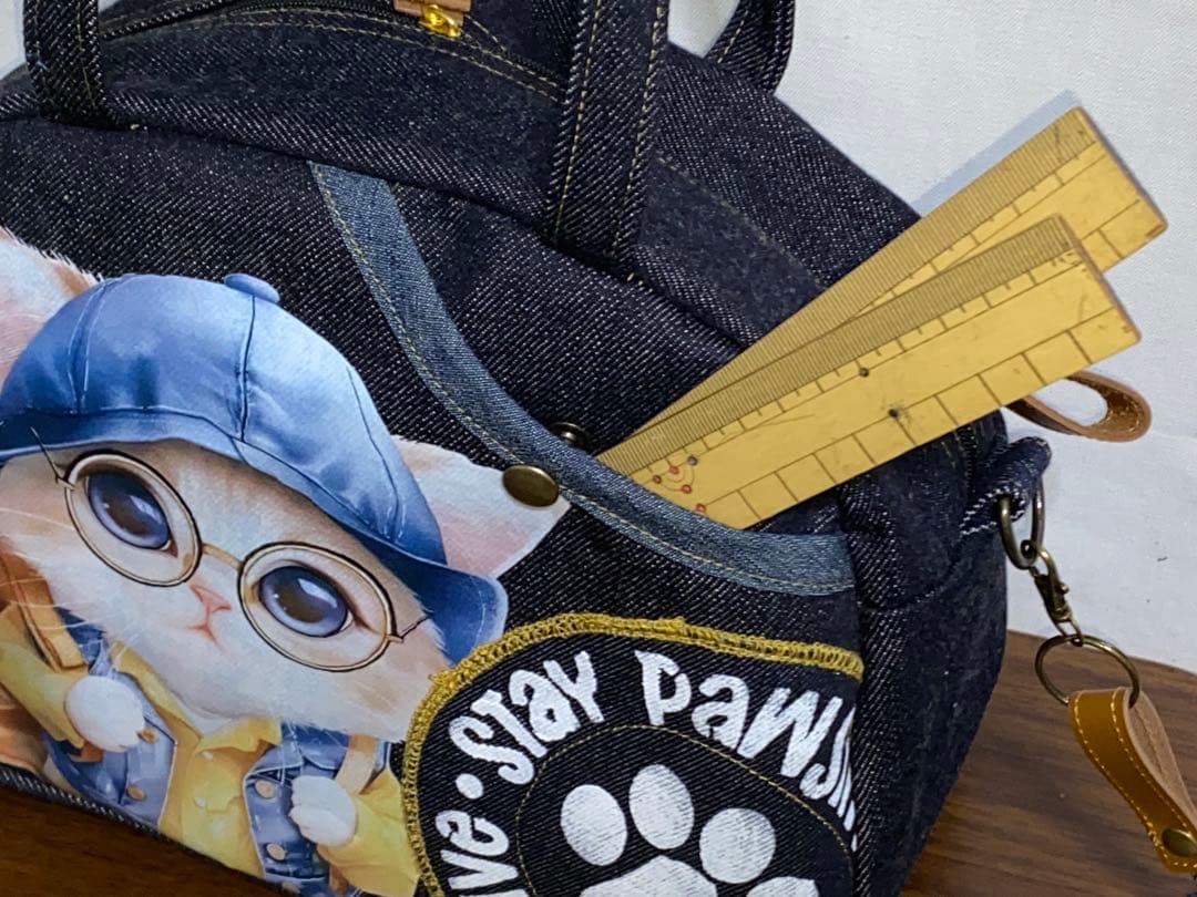 お値下げ☆岡山デニム☆トラ猫☆ステンシル☆Sサイズ4wayボストンバッグ