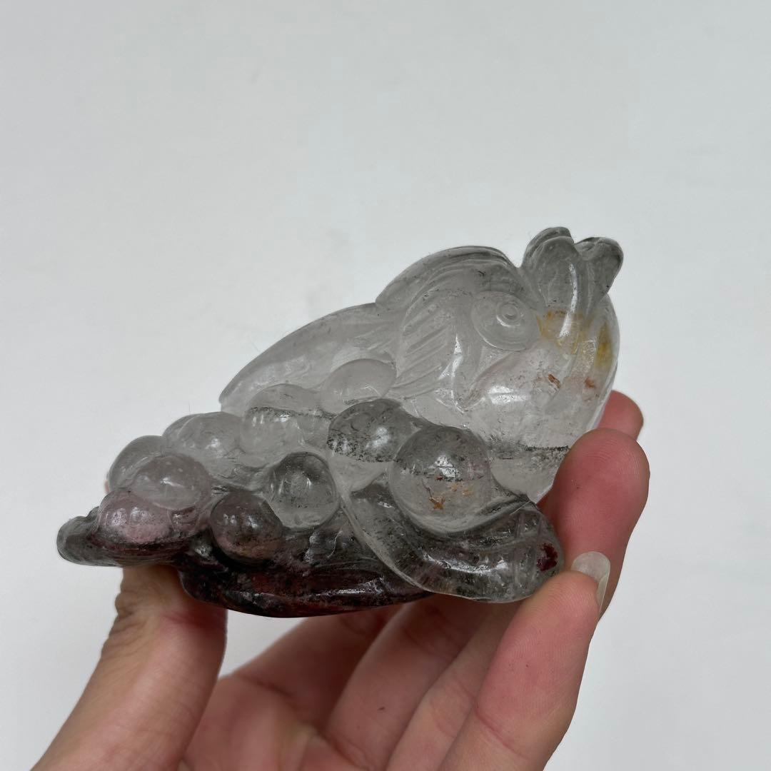 天然石ガーデンクォーツ共生水晶の銭蛙　置物　彫り物G.805