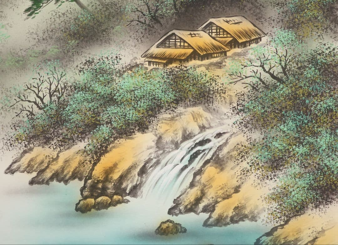 【真作】日本画 寿山 招福山水図 絹本 掛軸 青緑 彩色 福の神 MB158