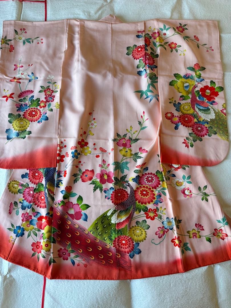 七五三に★正絹縮緬京友禅　手描き　孔雀と四季花々　七歳作り帯のセット