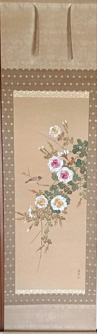 掛け軸/バラとすずめ