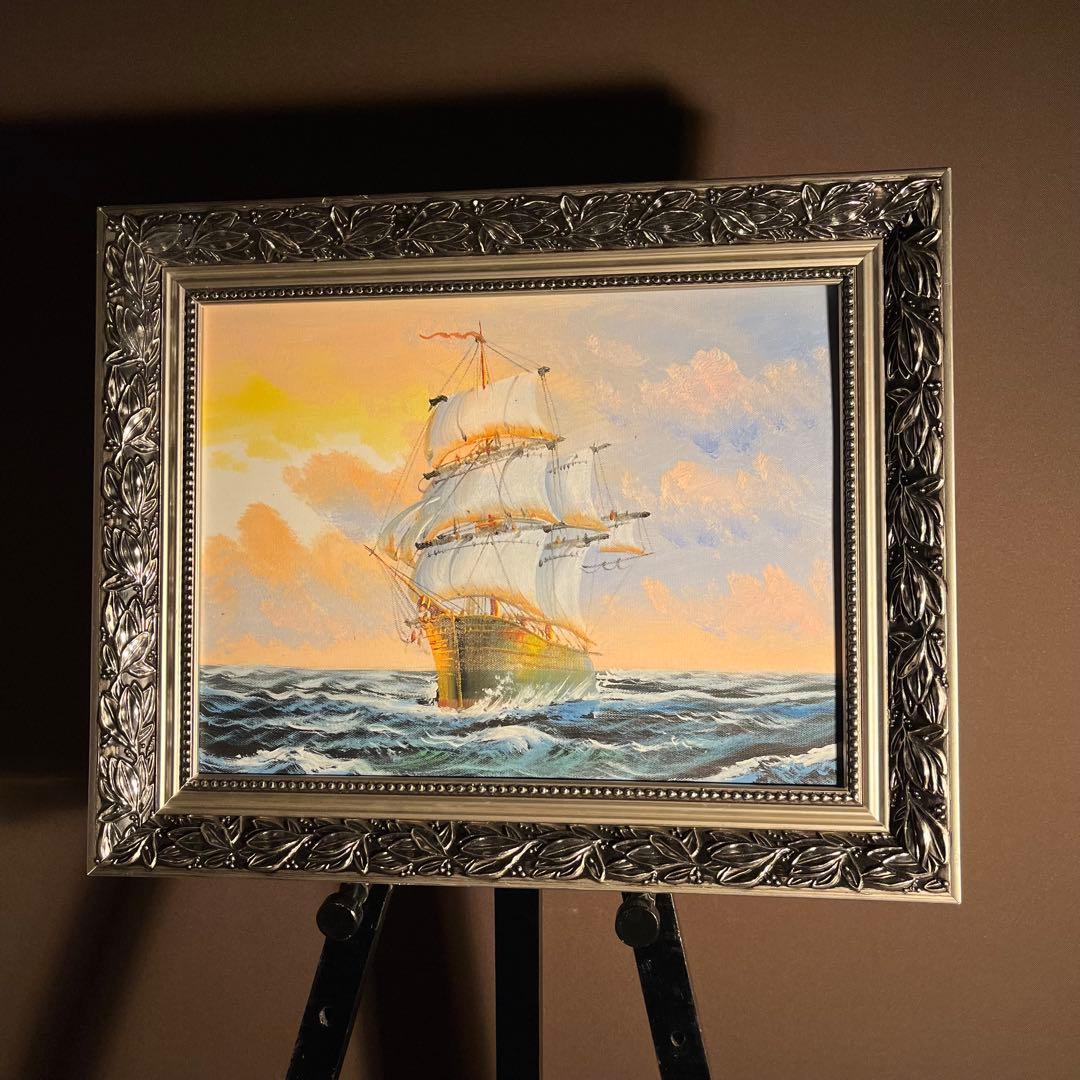 手書き油絵 ブルーウォーター 額付 絵画 インテリア 油彩画